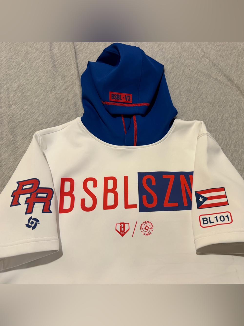 BSBL SZN Kids White and Blue Hooded Pullover with Red Accents